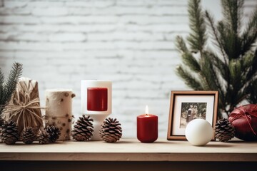Wooden table with  winter holiday decoration Christmas tree and candles,  Empty white brick wall in background 	 - Powered by Adobe