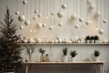 Modern interior minimal with Christmas decorations like baubles and x-mas tree