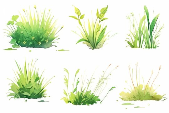 Set of green and gold grass and stem hand painted watercolor illustration.