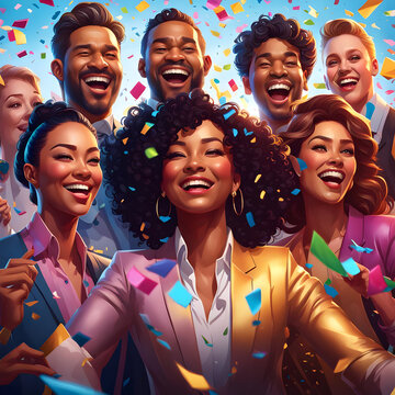 Happy diverse employees team celebrating success business achievement 