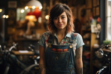 Arty hipster girl working I a bike repair shop.