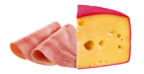 fatias de presunto cozido acompanhado de pedaço de queijo Gouda isolado em fundo transparente