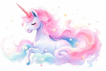 Cute fairy unicorn hand painted watercolor illustration. - obrazy, fototapety, plakaty