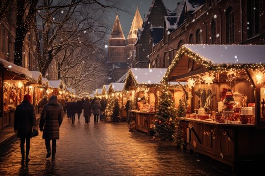 Christmas market with lights and stalls