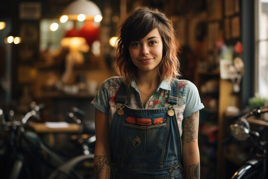 Arty hipster girl working I a bike repair shop.