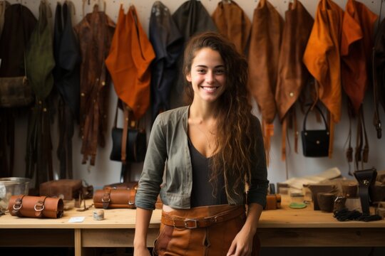 female artisan leather worker. Hipster in a shop with artisanal leather products