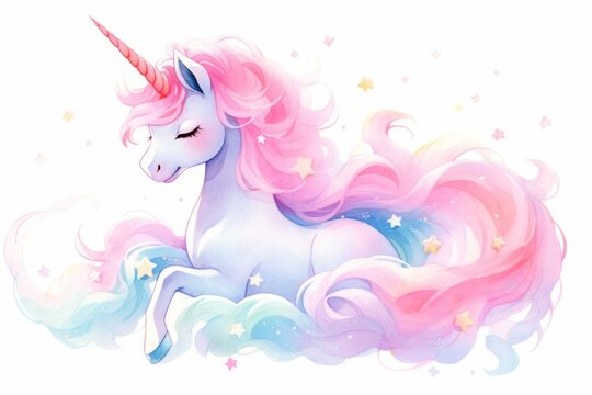 Cute fairy unicorn hand painted watercolor illustration.
