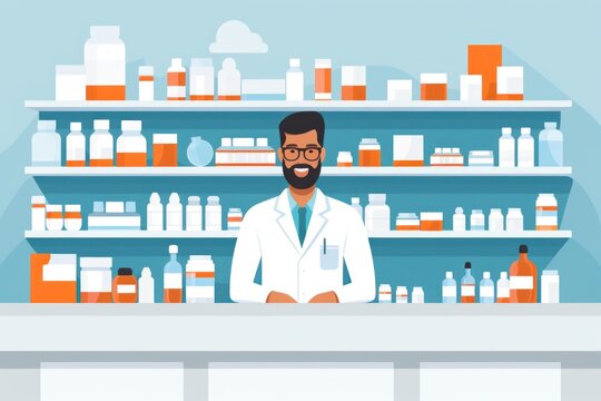 Illustration of a male pharmacist at a pharmacy