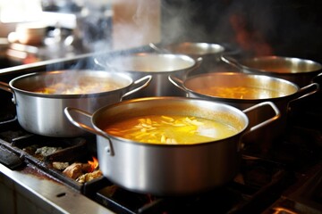 cooking pots simmering on a stove, filled with soup - obrazy, fototapety, plakaty