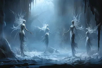 Cercles muraux Bleu Jeans Graceful frost faeries, creating intricate ice sculptures in frozen landscapes - Generative AI