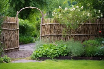 woven willow fence with a rustic wooden gate