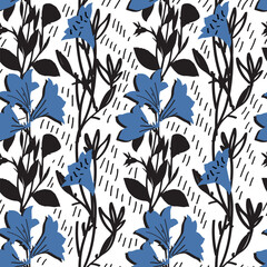 seamless handdrawn exotic blue flower pattern illustration vectör for wallpaper, fabric,book cover,wrapping paper,decoration,textile,packaging,repeating pattern,blue and black print ,white background 