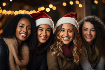 Obraz premium Group of beautiful young women friends smiling and selfie at Christmas party.