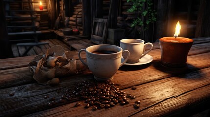 A rustic wooden table bearing a cup of coffee ultra realistic illustration - Generative AI.