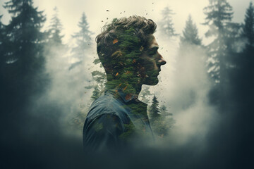 Double exposure of a man's portrait intertwined with the serene beauty of a pine forest, evoking a sense of oneness with nature and a deep connection to the wilderness. Ai generated