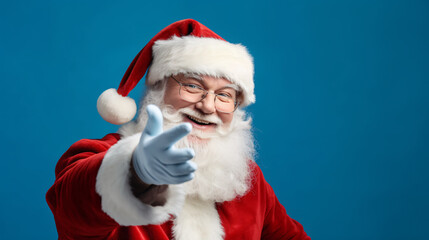Old man in Santa Claus costume smiling and presenting or pointing at something isolated on blue background, Christmas background with copy space.