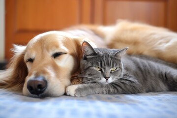 a dog and a cat sleeping together