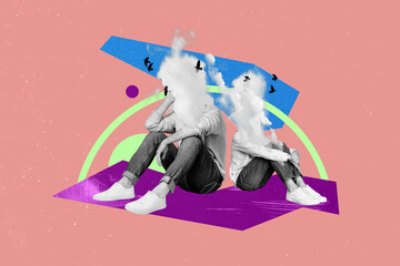 Composition collage of two anonymous people sitting depressed imagination fog hiding face...