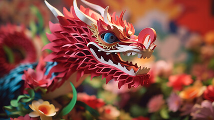 Chinese New Year, year of dragon concept, paper craft colorful dragon creative modern style Chinese newy year background.