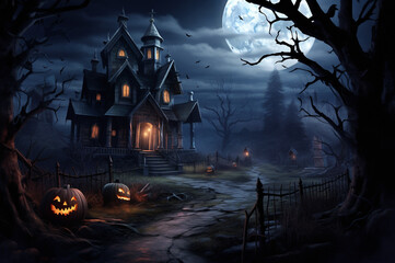Fototapeta na wymiar Creepy autumn night landscape with a scary house and a path leading to it and glowing pumpkin heads against the backdrop of the full moon