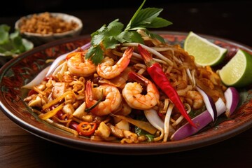 Authentic Thai cuisine. Stir-fried rice noodle dish with shrimp, egg, vegetables, and peanuts. Thailand asian food, pad thai dish.
