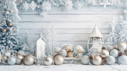 Wooden wall with winter holiday decoration Christmas tree and candles, Empty white brick wall in background