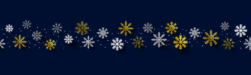 Fototapeta na wymiar Seamless White and Gold Snowflake Banner Pattern on blue background. Repeatable winter pattern template. Merry Christmas Winter background with gold and white snow flakes. Vector Illustration. 