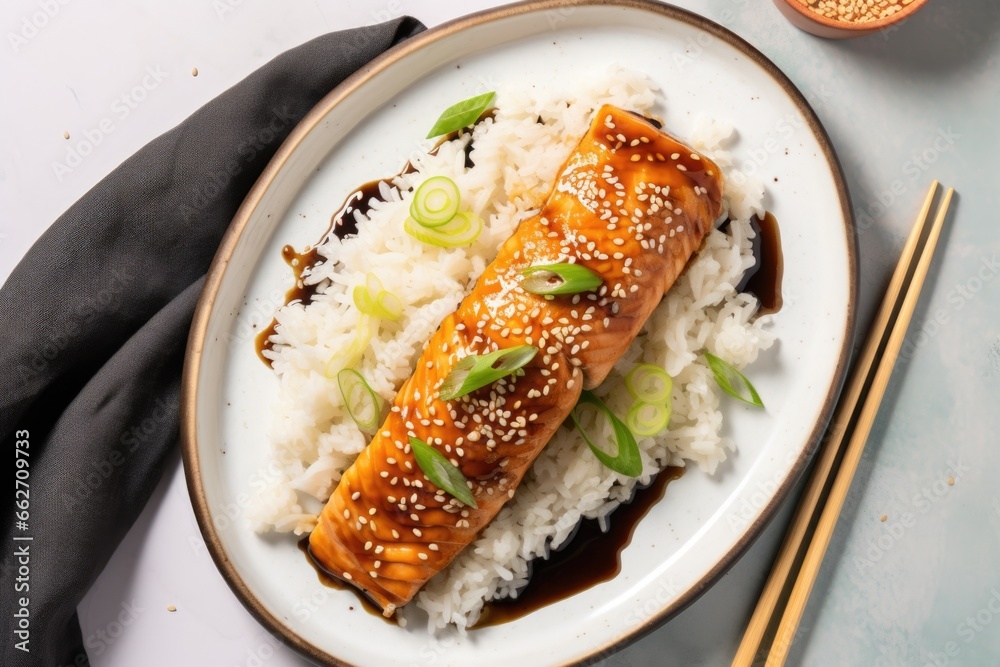 Canvas Prints honey glazed salmon with sesame seeds top view