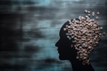 Human head profile with scattered blocks, ADHD and ADD mental health concept