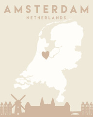 Map of the Netherlands featuring a skyline of a town and a heart symbol