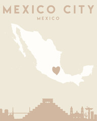 Cream-colored poster featuring a skyline of a city with a heart shape in the center