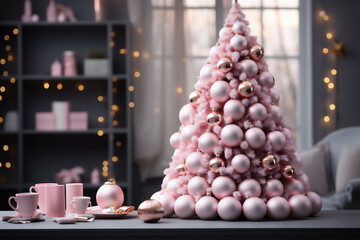 A small pink Christmas tree on the table decorated with trendy pink decorations in a modern room with a pink sofa and a large window. Copy space