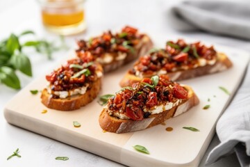 bruschetta with sundried tomatoes and goat cheese on a marble tray - obrazy, fototapety, plakaty