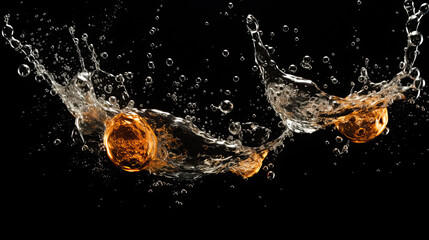 Soda water bubbles splashing underwater against black background. Cola liquid texture that fizzing...