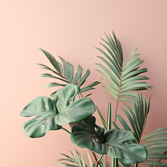 Fototapeta na wymiar Tropical Plants on a Pastel Backdrop with Gentle Shadows