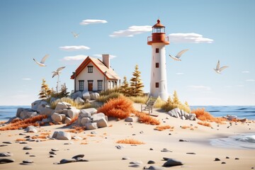Coastal minimal cute house with a lighthouse nearby, a sandy beach, and seagulls in the sky,...