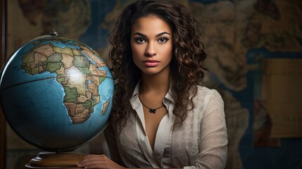 Model emphasizing a global business perspective, set against a backdrop of a world map