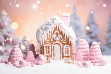 Christmas snowy background, winter landscape with gingerbread house, candy land