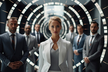 Portrait of well dressed businesswoman standing in front of her team in futuristic looking office - Powered by Adobe