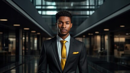 Model exuding leadership in a tailored suit, set in a high-end office environment