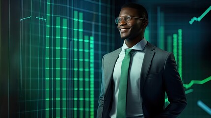 Fototapeta premium Model with a confident smile, set against a backdrop of positive business graphs and charts