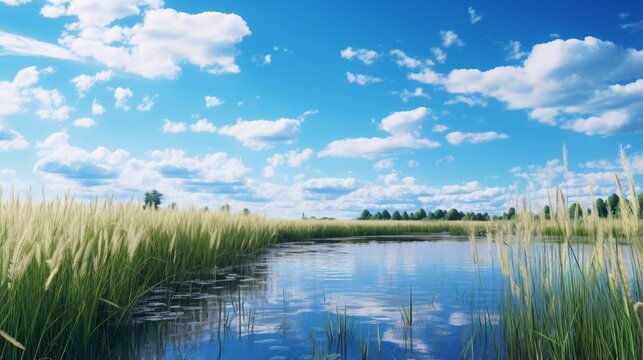 A calm, still pond surrounded by tall, dense reeds, reflecting a clear blue sky with fluffy white clouds, offering a moment of serenity and reflection in the midst of nature