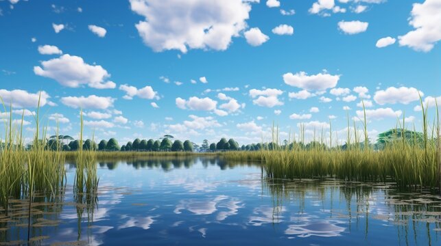 A calm, still pond surrounded by tall, dense reeds, reflecting a clear blue sky with fluffy white clouds, offering a moment of serenity and reflection in the midst of nature