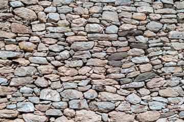 Rocky empty wall construction background texture. Old stonewall, blank masonry backdrop. Copy space
