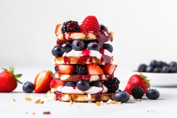 stack of mixed berries bruschetta on a minimalist white backdrop