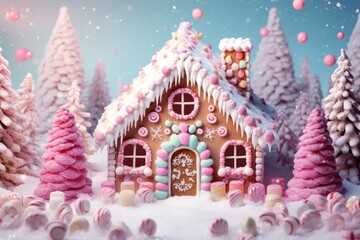 Christmas snowy background, winter landscape with gingerbread house, candy land