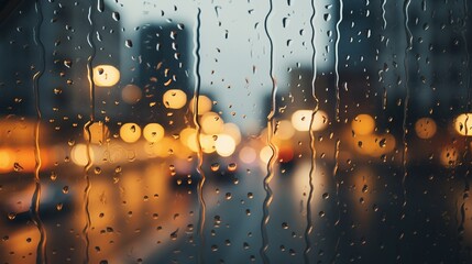 A close-up view of raindrops sliding down the surface of a windowpane, distorting the view of a busy city street below, creating a feeling of cozy introspection