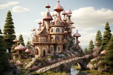 Fairy tale-style minimal cute house with gingerbread trim, a winding path, and fireflies in the garden, Generative AI