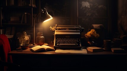 A dimly lit room with an antique typewriter on a wooden desk, bathed in the warm glow of a single lamp, suggesting a mood of creative contemplation and inspiration - obrazy, fototapety, plakaty