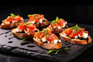 freshly baked bruschetta with goat cheese on black stone plate